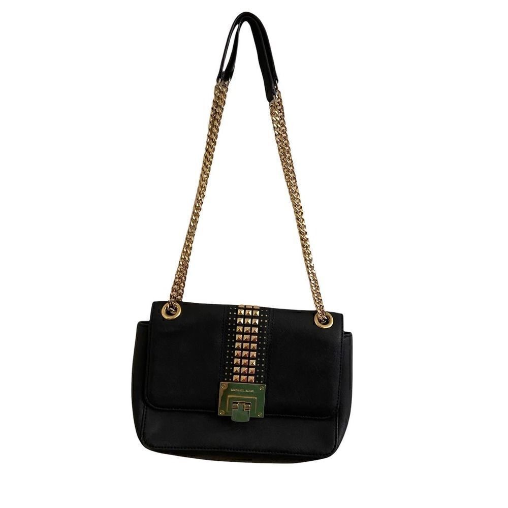 Michael Kors Black Leather Studded Tina Shoulder Flap Bag